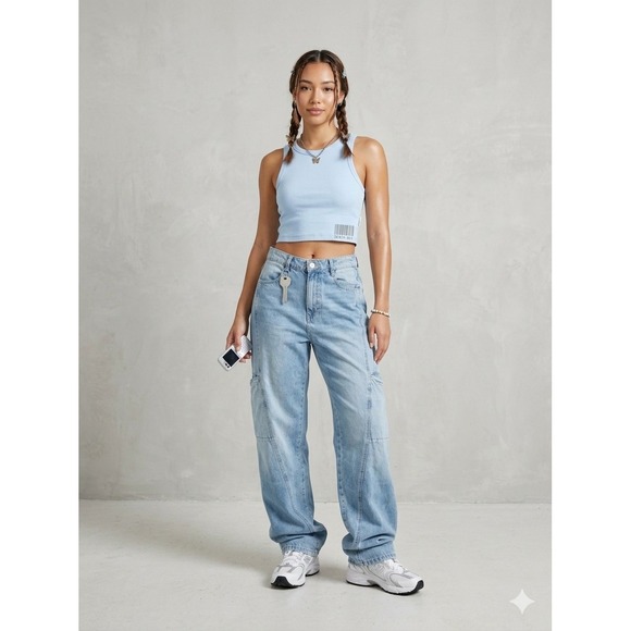 Zara Denim - Zara Baggy Cargo Wide Leg Jeans Women Sz 6 28 Blue Distressed High Rise 30x31